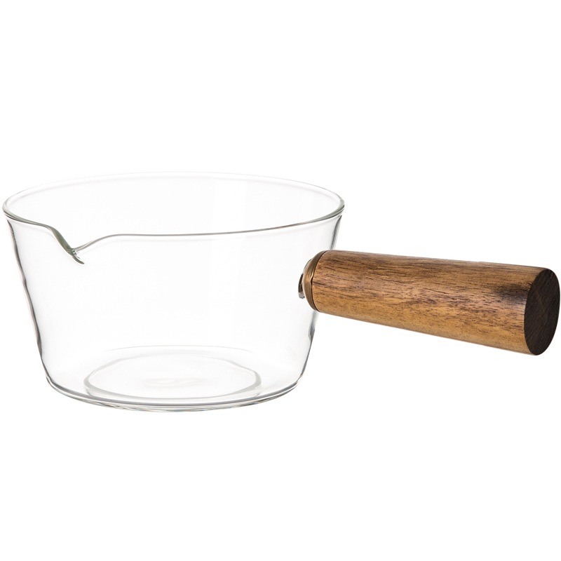 Household transparent glass milk pot, high borosilicate glass wooden handle small milk pot, instant noodle pot, household soup pot, salad pot Item Picture