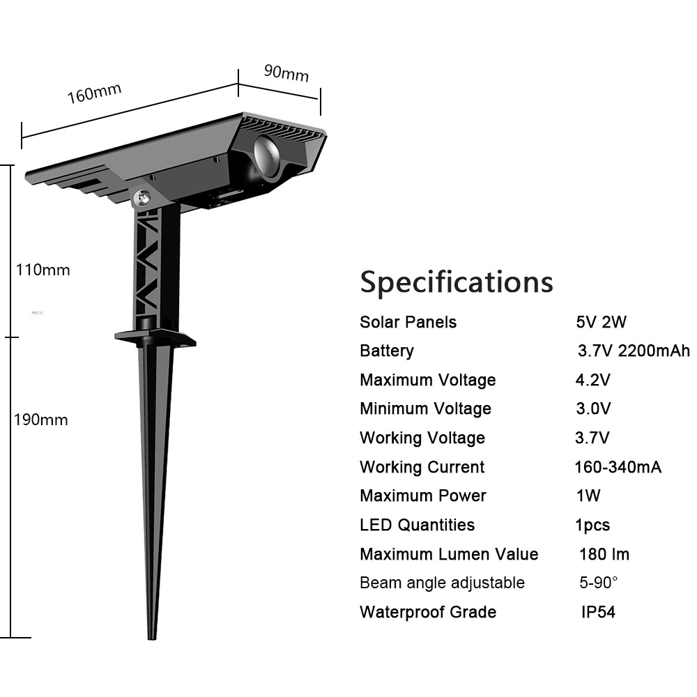 Herbert solar lamps, outdoor landscape and courtyard decorative lighting fixtures, adjustable Angle and zoom long-range small floodlights Specification drawing