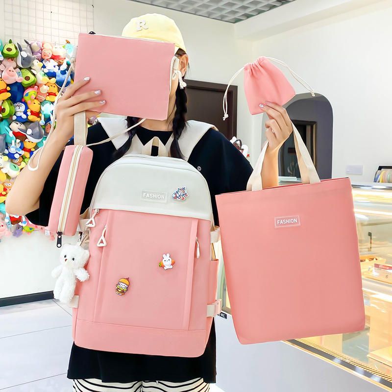 The new canvas campus backpack five-piece set is simple and versatile. It is a multi-functional casual girls' backpack for junior and senior high school students details Picture