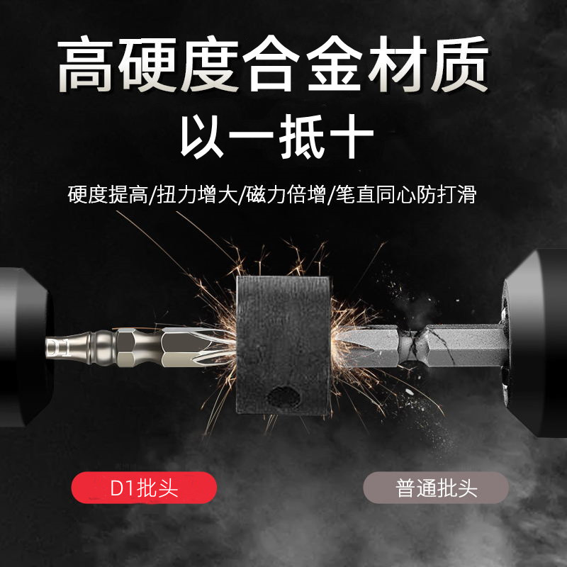 D1 port entry material electric screwdriver bit, super-hard and high-strength permanent magnet screwdriver bit, alloy steel double-pole head Specification drawing