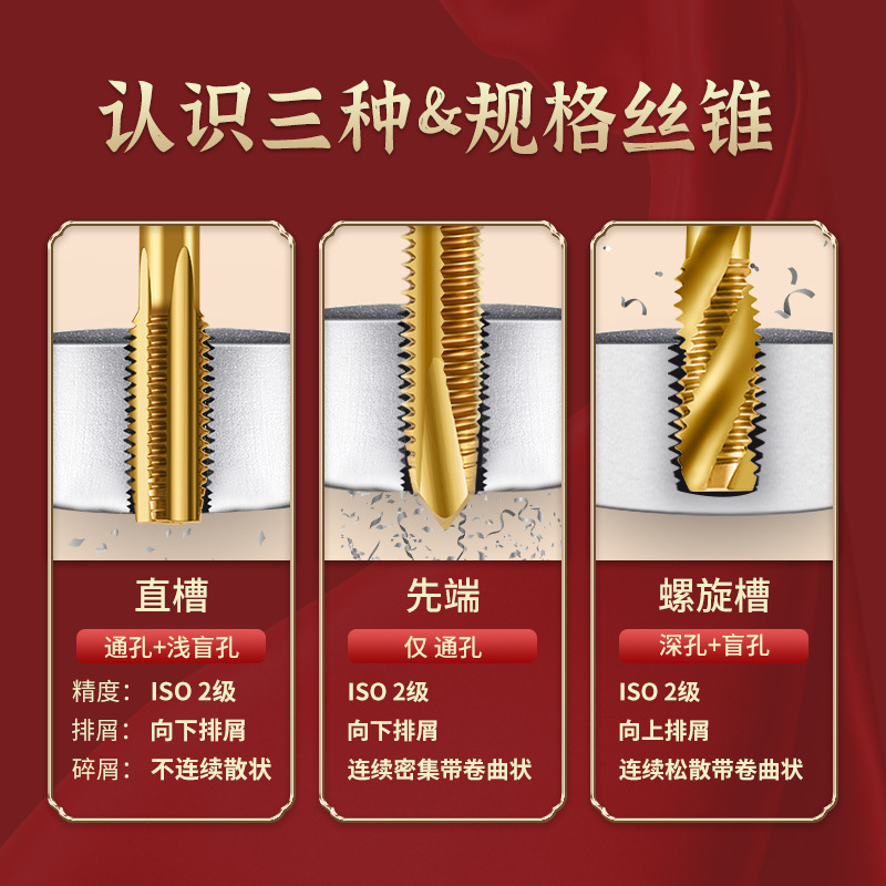 Tiangong high-speed steel 6542 cobalt-containing titanium plating machine tap spiral groove straight groove M35 tip tap fine thread tap Specification drawing