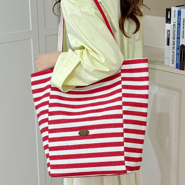 Spring 2025 striped knitted fabric bag, Korean ins laid-back style tote bag for students, large capacity casual single-shoulder bag for girls full figure