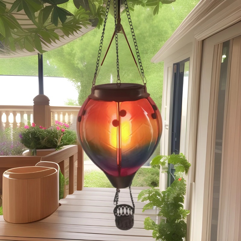 Solar hot air balloon lights, water drop lights, outdoor ironwork glass chandeliers, cross-border garden decorative lights, courtyard LED lights full figure