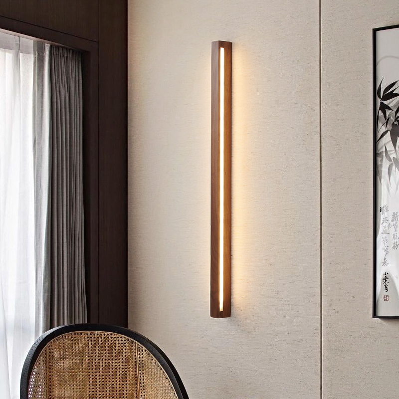Nordic black walnut wood bed head long strip wall lamp, new Chinese minimalist lamp, strip-shaped imitation solid wood corner lamp, Tmall Genie Application Scenario
