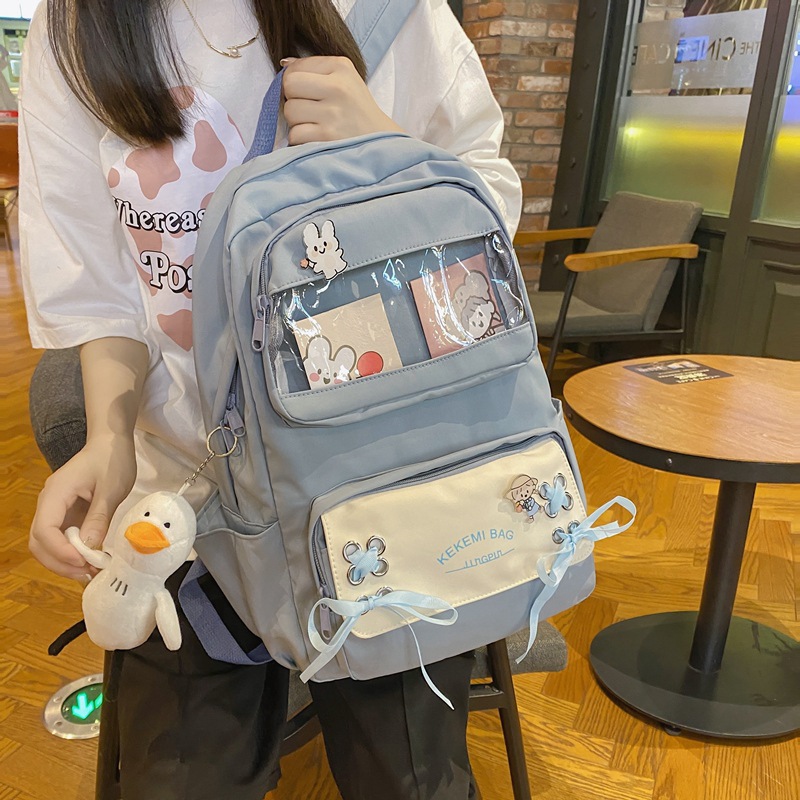 Double-shoulder backpack for female primary school students, Korean style simple Harajuku large-capacity school backpack, trendy nylon junior and senior high school schoolbag Specification drawing