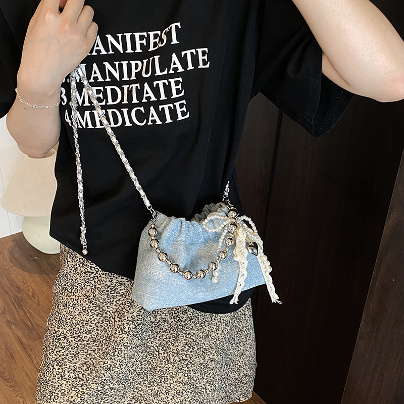 New Chinese-style beaded handbag 2025, trendy and fashionable bucket bag, versatile chain crossbody bag, solid color single-shoulder bag Specification drawing