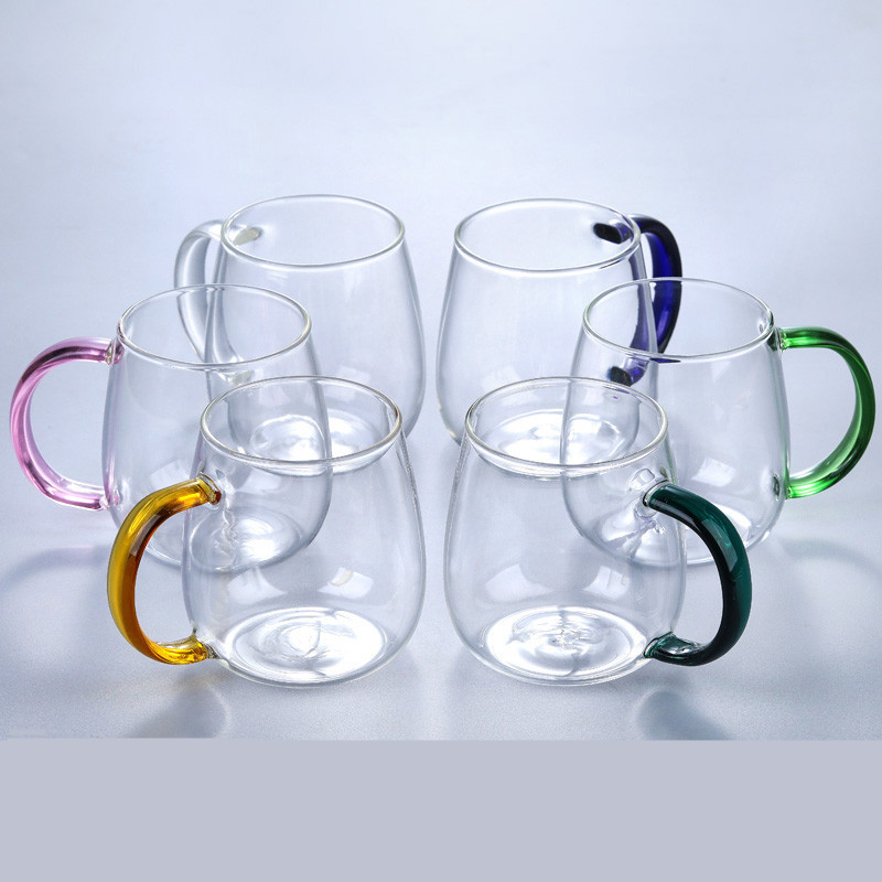 Colored handle glass large-bellied cup, transparent high borosilicate glass milk tea beverage drinking cup, household single-layer cup details Picture