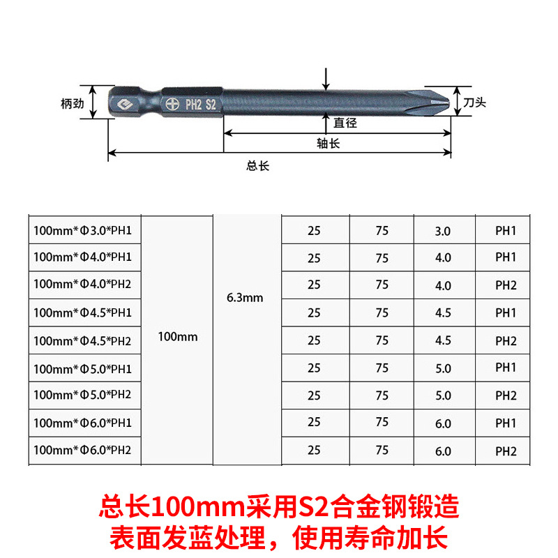 High-hardness cross-head S2 industrial-grade strong magnetic screwdriver with an extended air screwdriver bit undefined