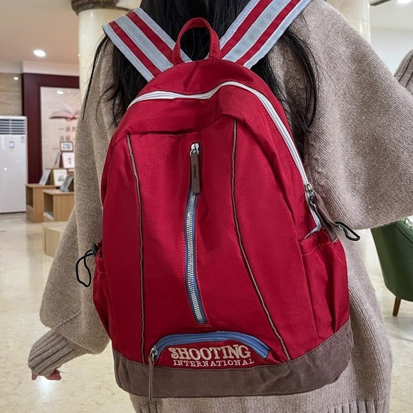 American retro embroidered backpack for women, new large-capacity Korean style ins color-blocking fashionable backpack, college student bag full figure