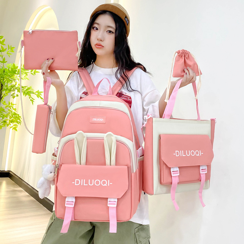 A cute and fresh high-capacity backpack for junior high school students, a five-piece set of schoolbags for girls to reduce burden and protect the spine Specification drawing