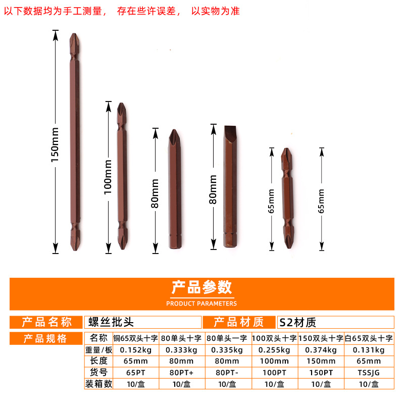 Tuosen Hardware Tools Double-head cross Screwdriver, single-head straight impact Screwdriver, Electric screwdriver screwdriver set Specification drawing