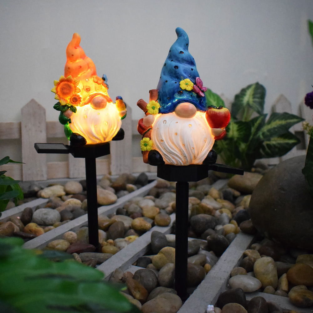 Solar-powered garden lights, cartoon resin goblins, dwarf figurines, outdoor garden decorations, cute elf ground socket lights full figure