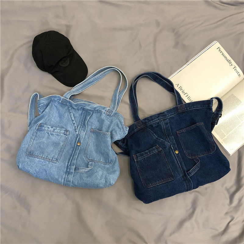 Wholesale washed denim canvas bags, women's retro hand-held shopping bags, large-capacity casual school-style single-shoulder crossbody bags Specification drawing