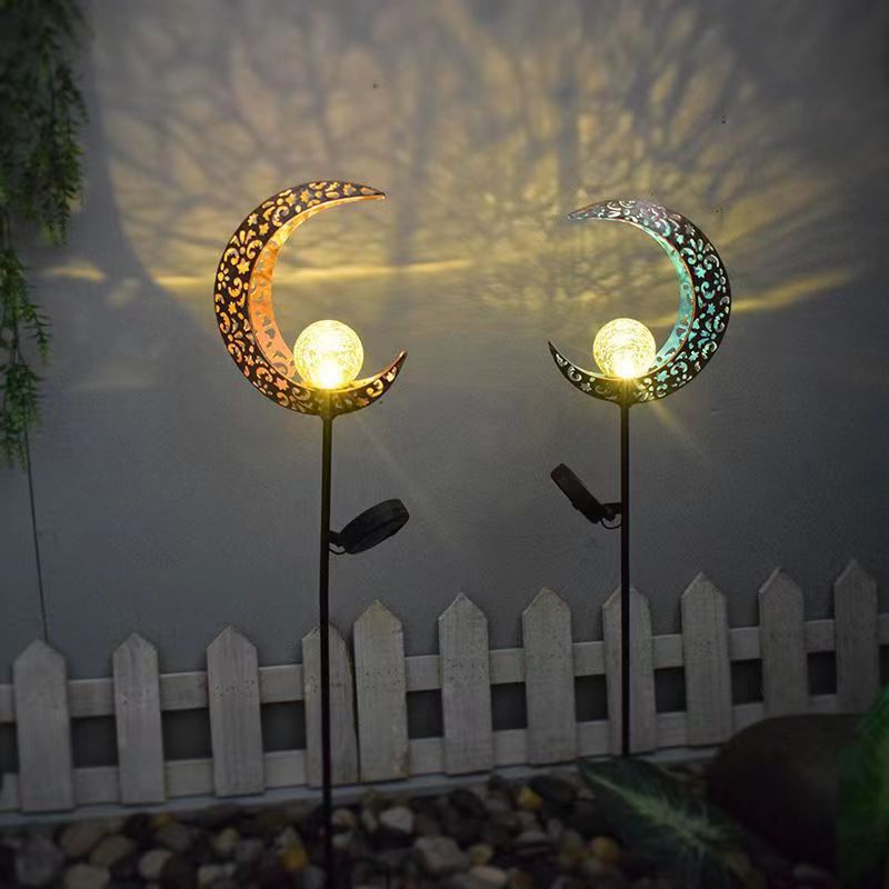 Solar-powered ironwork moon-shaped ground insert light, courtyard wind chime, hollowed-out projection light, lawn decoration, outdoor retro floodlight full figure