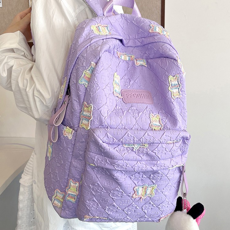 New large-capacity student backpack with diamond-patterned pleats for primary, junior high and senior high school students. Cute little bear backpack Specification drawing