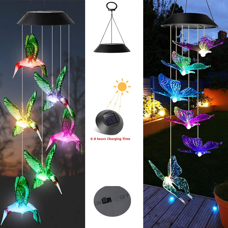 Outdoor solar wind chime lights, garden lights, garden decorative lights, butterfly and hummingbird outdoor landscape lights full figure