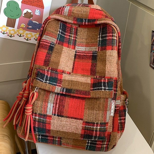 2024 New retro checkered bag with large capacity, suitable for women, high school and college students, casual travel backpack for women details Picture