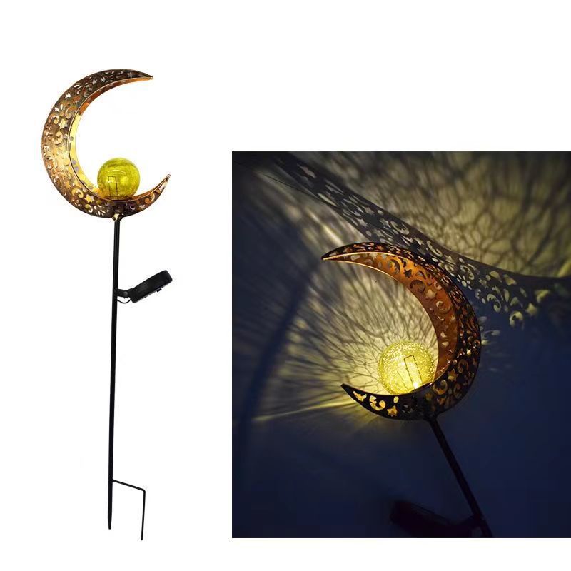 Solar-powered ironwork moon-shaped ground insert light, courtyard wind chime, hollowed-out projection light, lawn decoration, outdoor retro floodlight Item Picture