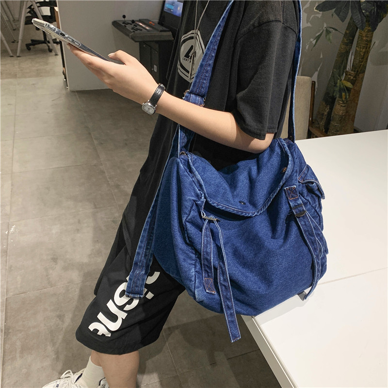 Trendy crossbody bag, Japanese retro large-capacity women's single-shoulder bag, 2022 new artistic washed denim canvas bag details Picture