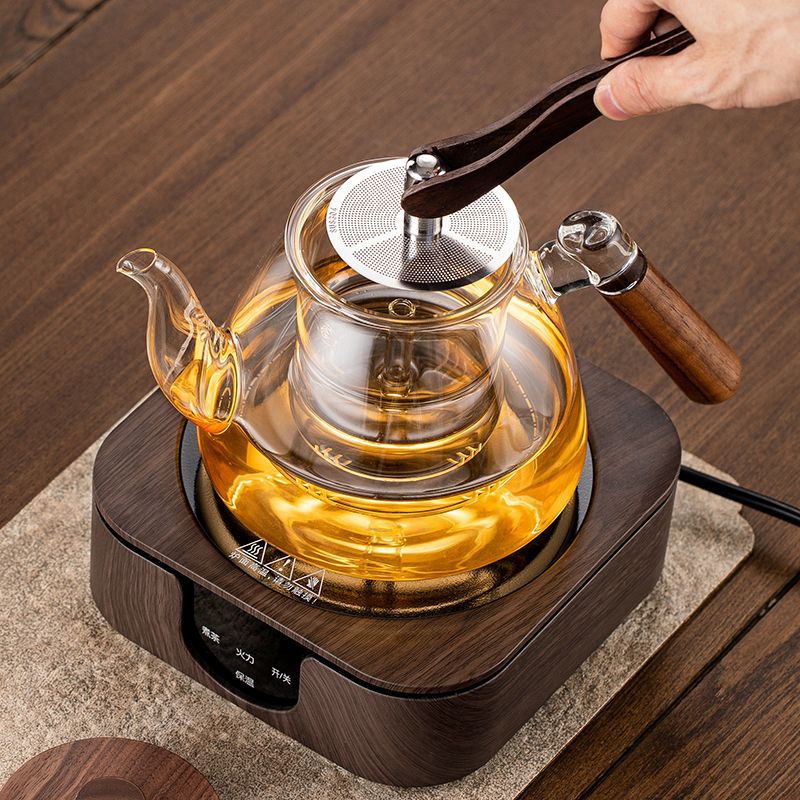 High borosilicate steaming and boiling teapot, tea stove, water boiling health pot, household wooden handle, walnut wood, glass teapot, tea boiling set details Picture