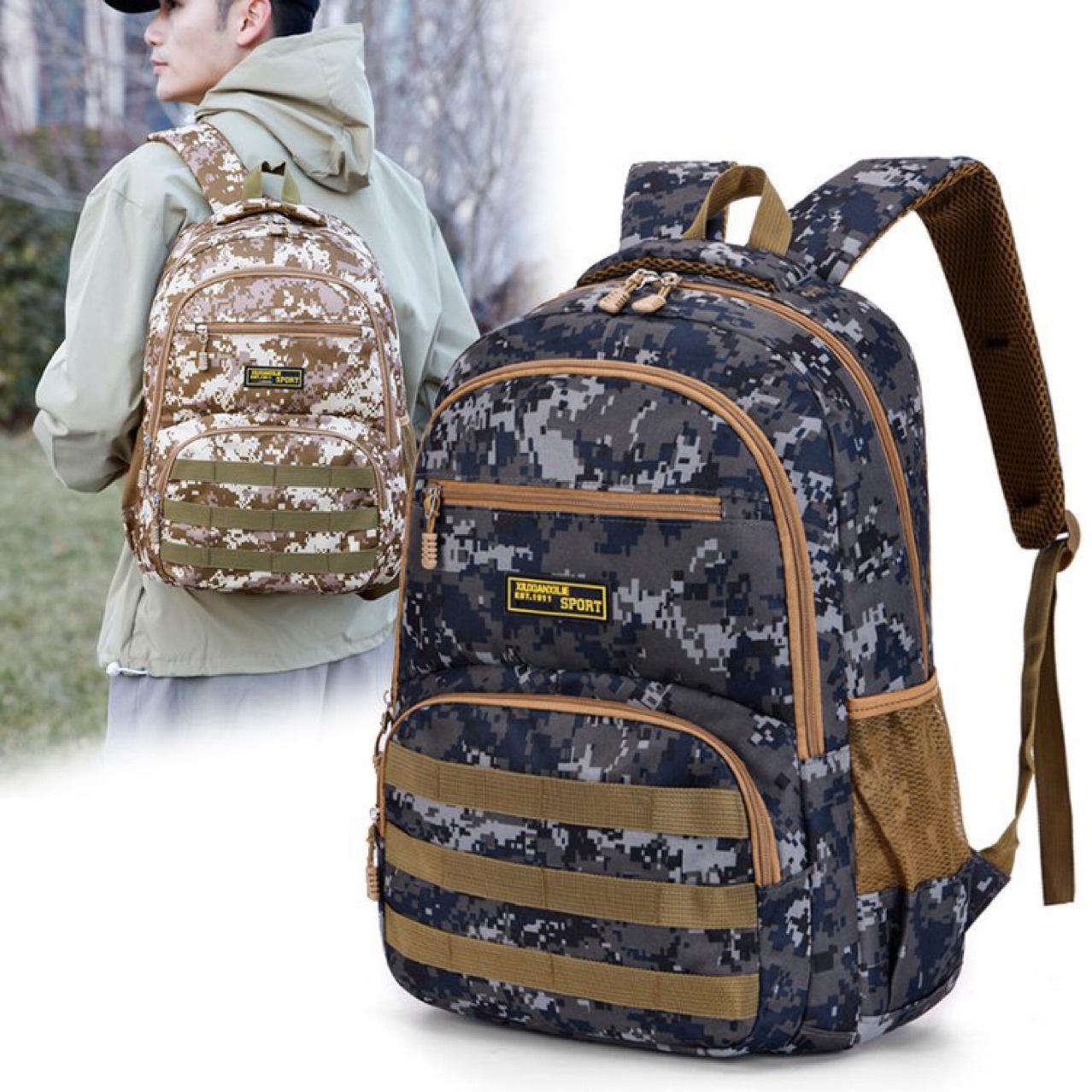 Men's backpack, large-capacity outdoor sports travel backpack, camping camouflage tactical bag, male and female student schoolbag details Picture