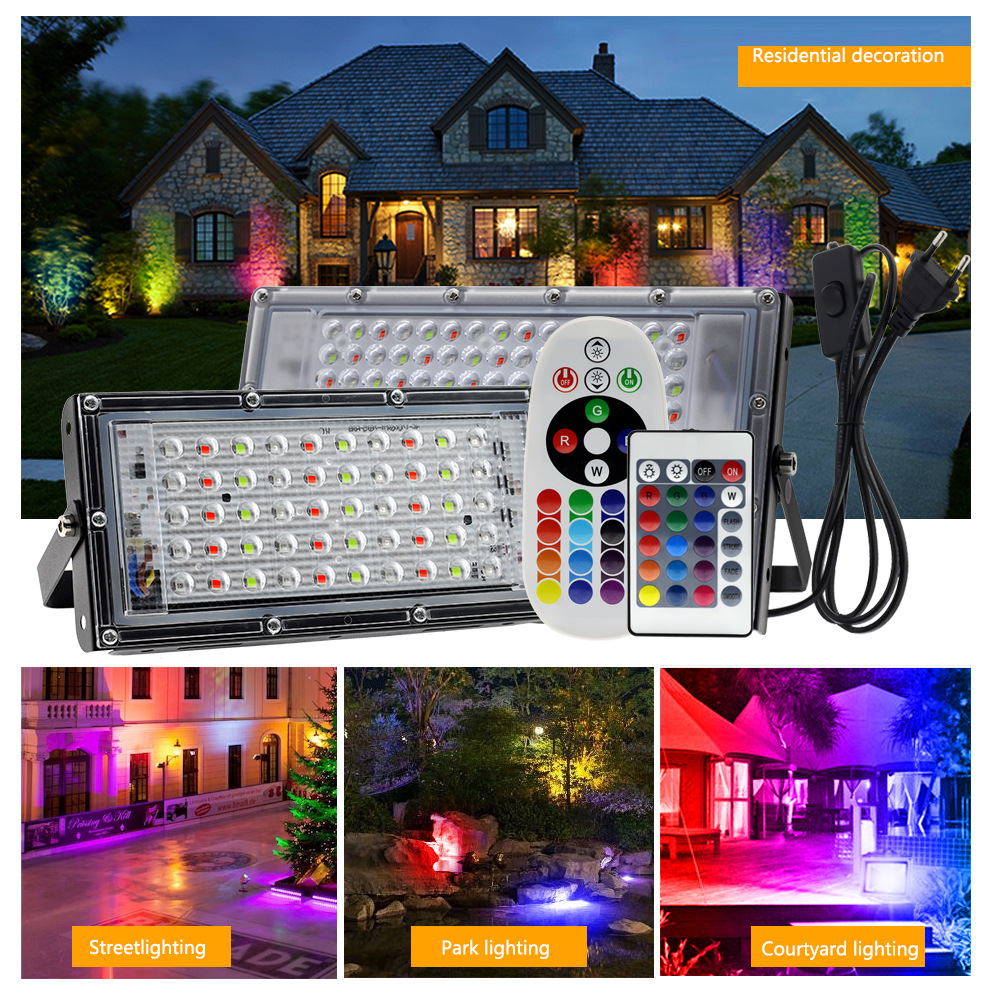 Cross-border new outdoor landscape lighting 100W seven-color RGB floodlight strip remote-controlled color-changing led floodlight Specification drawing