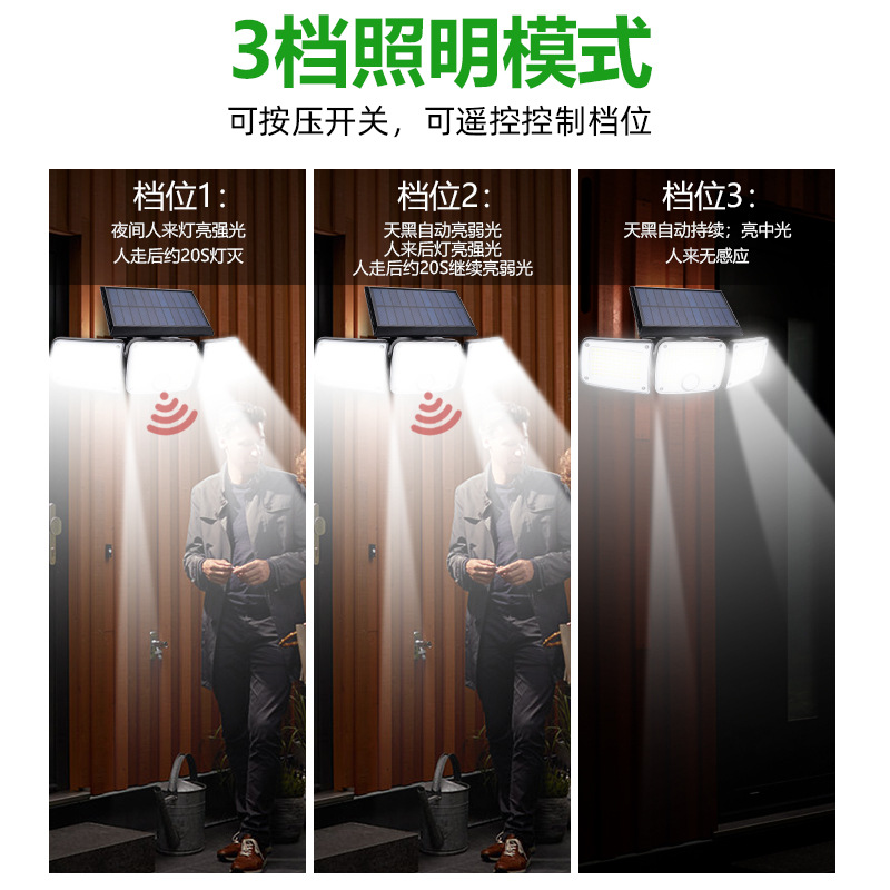 Cross-border solar outdoor courtyard small street lamp, household LED integrated three-head rotating human body sensor wall lamp Specification drawing