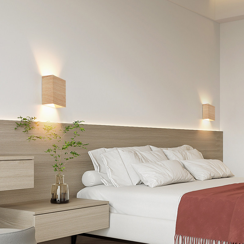 Japanese-style wood-grain bedroom bedside wall lamp, wabi-sabi style combination indoor study lamp, minimalist corridor led lighting Application Scenario