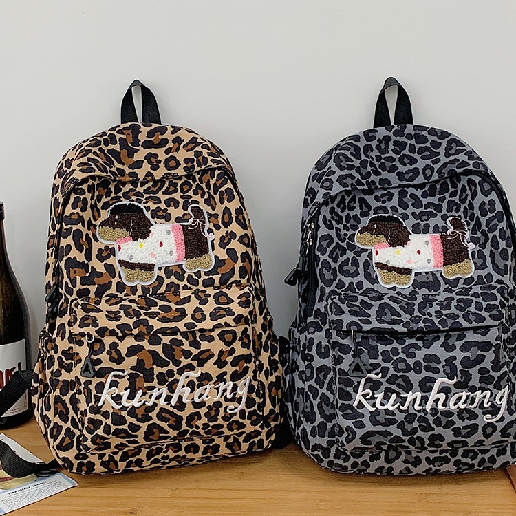 Casual student, simple and casual Korean version of Harajuku High School, large-capacity leopard print Japanese style backpack, trendy student backpack full figure