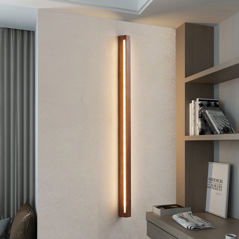 Nordic black walnut wood bed head long strip wall lamp, new Chinese minimalist lamp, strip-shaped imitation solid wood corner lamp, Tmall Genie details Picture