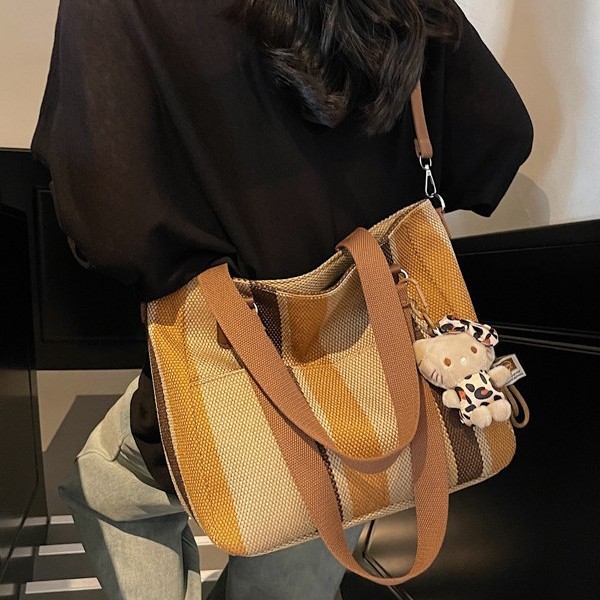 Women's large-capacity 2025 new women's bag, canvas, striped bag for college students, commuter tote bag, crossbody bag Specification drawing