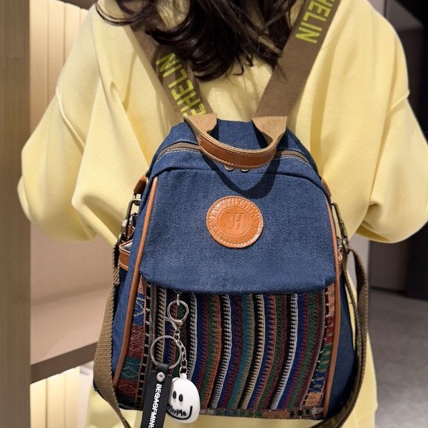 Retro ethnic style embroidered backpack, denim women's 2024 new fashion multi-purpose travel backpack, single-shoulder crossbody details Picture
