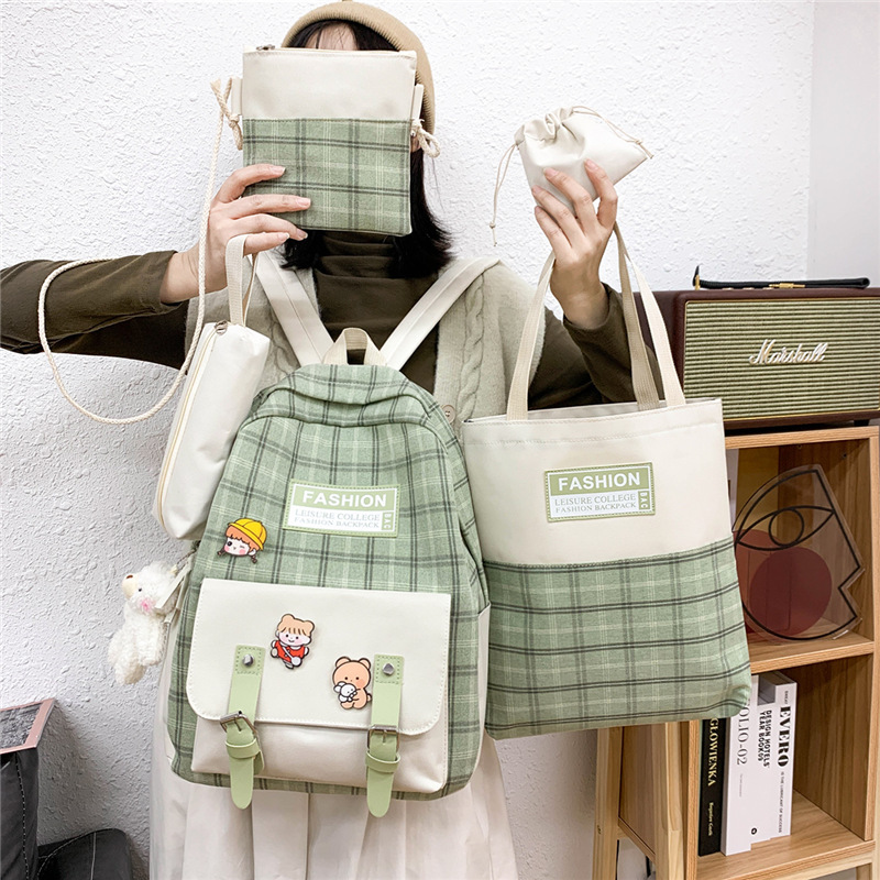 New cute checkered middle school schoolbag, girls' five-piece backpack, casual college students' canvas backpack, cross-border Application Scenario