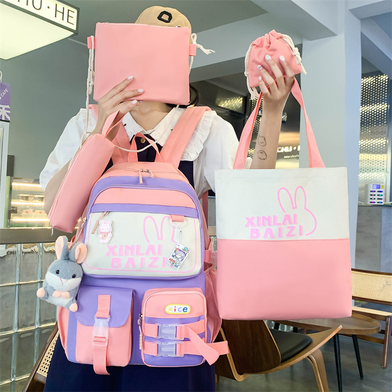 Wholesale fashionable color-blocked student schoolbags, five-piece sets, large-capacity Korean version backpacks, and women's cartoon casual backpacks from the manufacturer details Picture