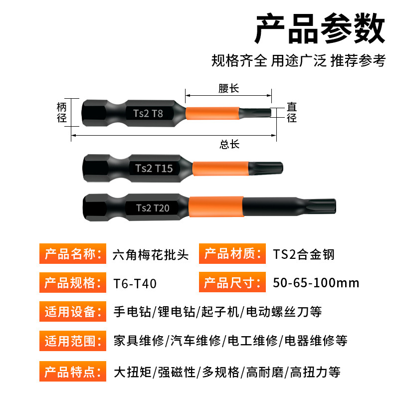 Plum blossom screwdriver bits T6-T40 without holes, 50/65/100MM, phosphated black hex socket screwdriver bits, electric screwdriver Application Scenario