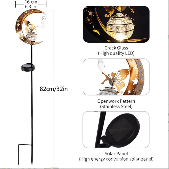 Outdoor solar moon ground insert light, outdoor courtyard garden camping fairy fairy iron art hollowed-out decorative light Item Picture