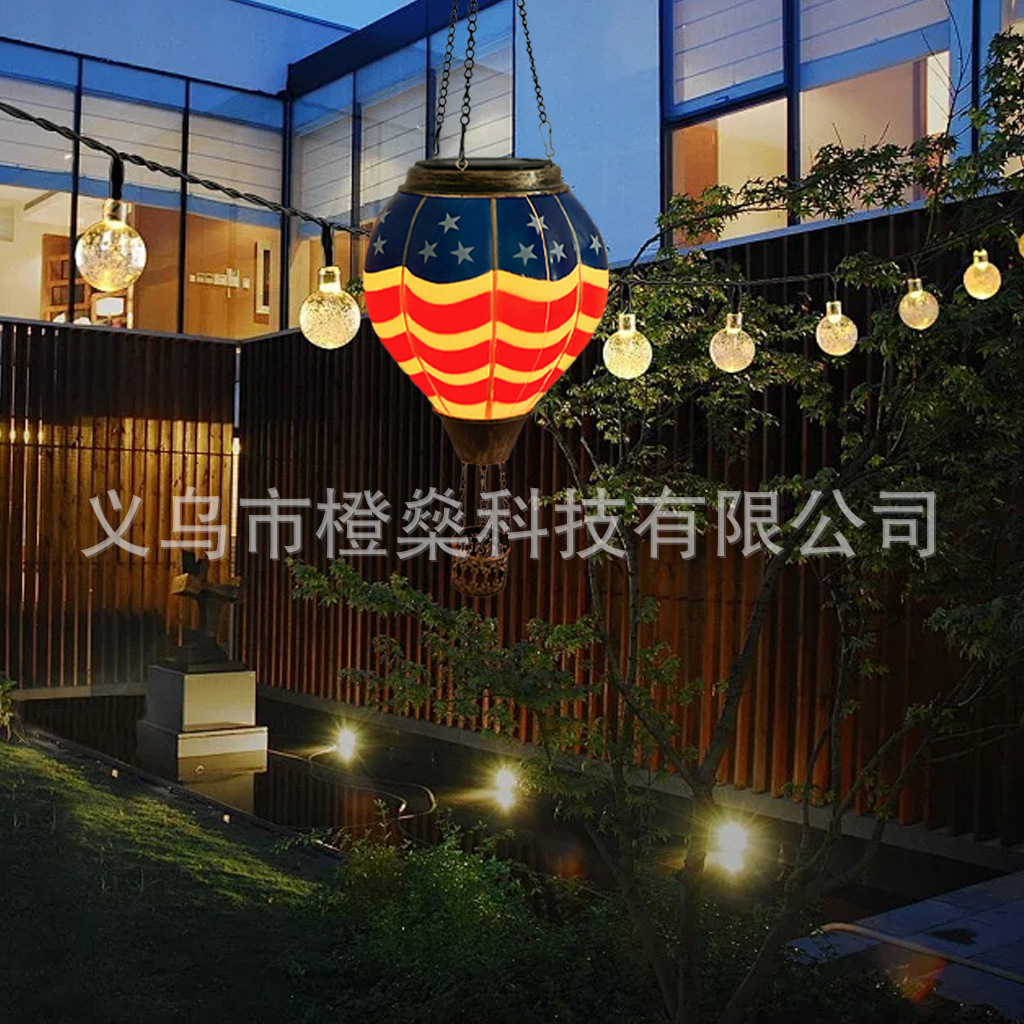 Solar hot air balloon lamp, outdoor iron chandelier, courtyard Independence Day solar lantern, cross-border garden decoration details Picture