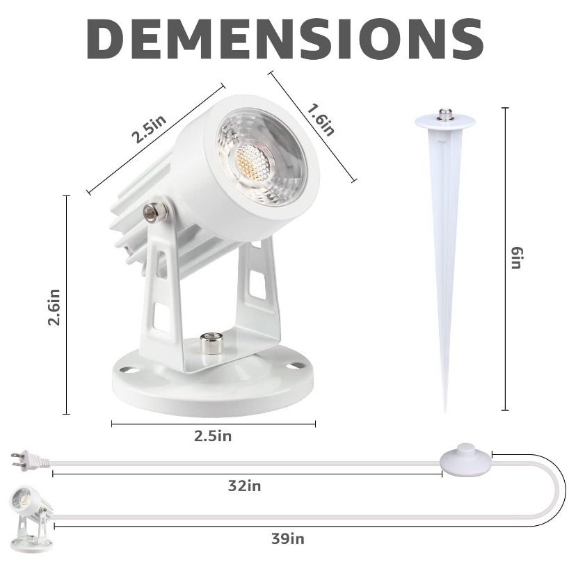 White wide-voltage USB interface 3W and 5W outdoor garden lamps with adjustable light and color, timer, charger and foot pedal switch Specification drawing