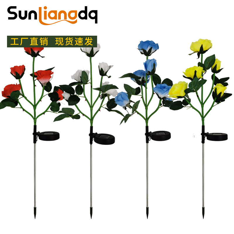 New cross-border 5-head solar-powered rose LED light outdoor lawn ground insertion garden simulation flower decorative landscape light full figure