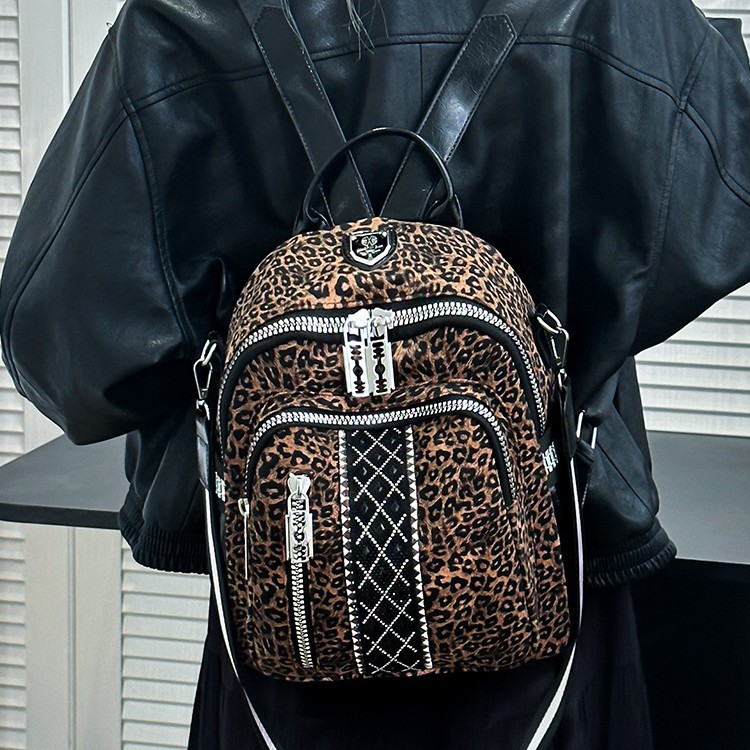 New fashionable leopard print backpack with large capacity, book packing, European and American style trendy single-shoulder bag, multi-purpose and versatile bag Specification drawing