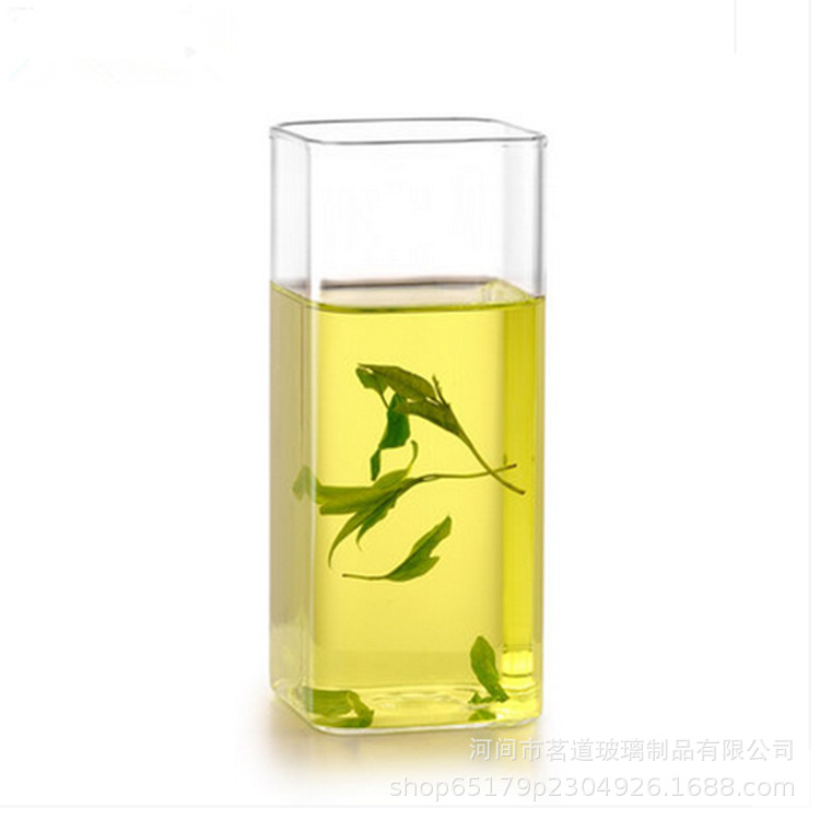 Household square straight tube glass flower tea cups, milk cups, high borosilicate glass single-layer cups, tea brewing cups, breakfast cups Item Picture