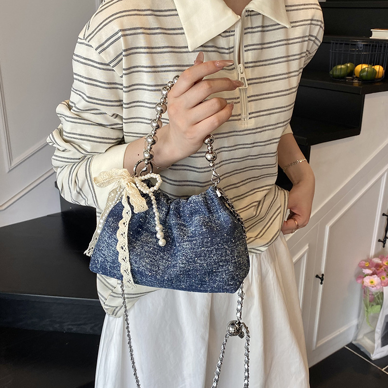 New Chinese-style beaded handbag 2025, trendy and fashionable bucket bag, versatile chain crossbody bag, solid color single-shoulder bag details Picture