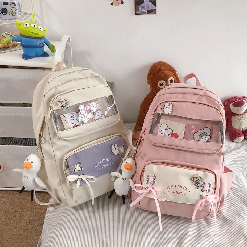 Double-shoulder backpack for female primary school students, Korean style simple Harajuku large-capacity school backpack, trendy nylon junior and senior high school schoolbag full figure