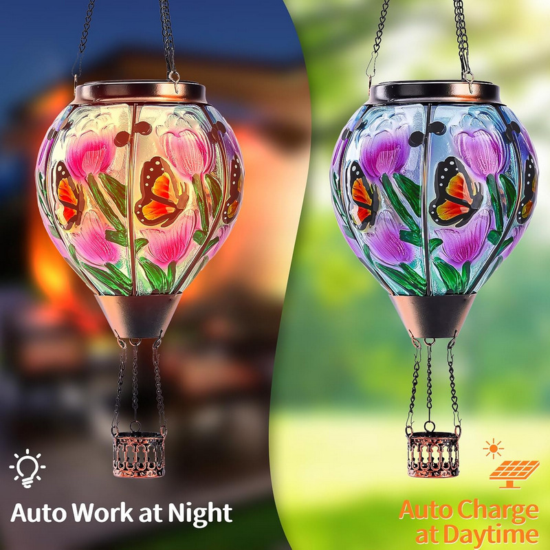 Solar hot air balloon lights, water drop lights, outdoor ironwork glass chandeliers, cross-border garden decorative lights, courtyard LED lights Specification drawing