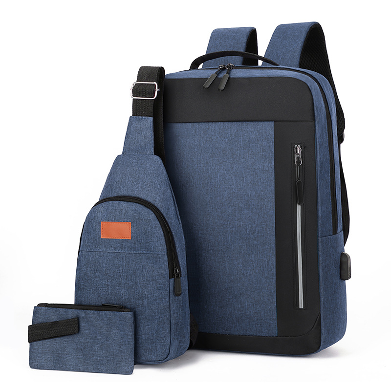 Men's waterproof Oxford fabric simple business computer bag, fashionable USB charging college student schoolbag three-piece set Item Picture