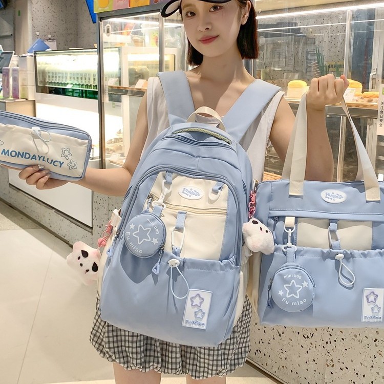 Japanese-style cute girl color-blocking backpack, Korean version dopamine star backpack three-piece set for junior and senior high school schoolbags Specification drawing