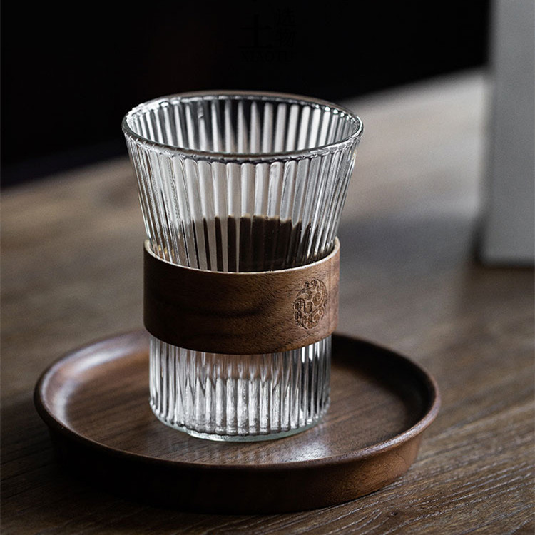 Vertical pattern high borosilicate glass single-layer cup with wood chip heat insulation drinking cup, household high appearance level latte mug details Picture