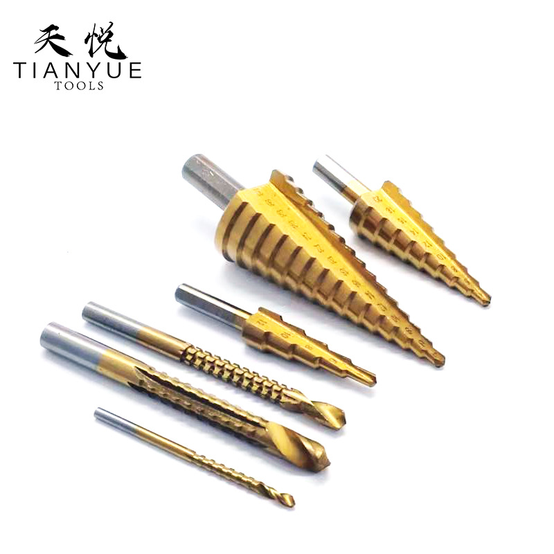 Pagoda Sawtooth Drill 6-piece set, woodworking drilling, reaming and slotting red box Transparent box 6PC step Sawtooth drill set Specification drawing