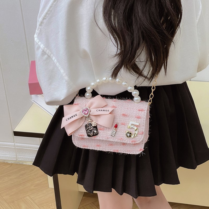 Crossbody bag, children's coin purse, small chanel-style pearl beaded fashionable handbag, bow, cute girls' children's bag Specification drawing