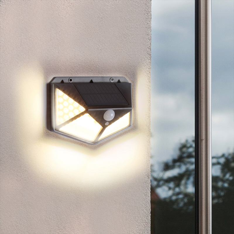 New 100LED solar charging wall lamp, four-sided luminous human body sensor lamp, outdoor lighting, modern garden lamp Application Scenario